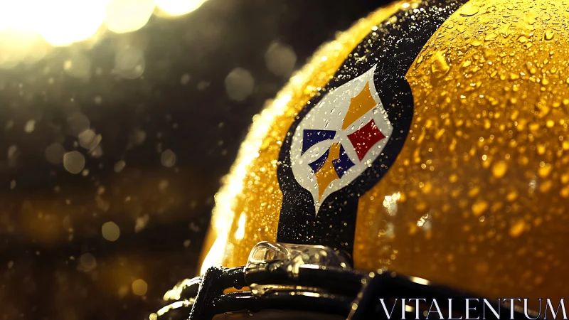 Yellow football helmet under stadium rain lights glistens