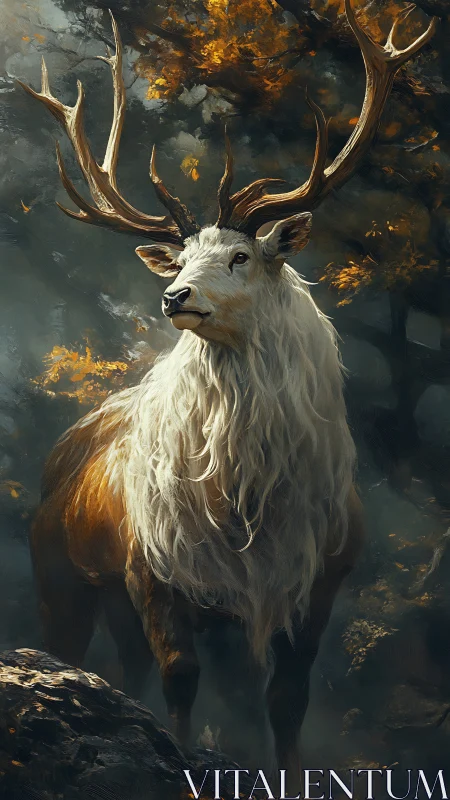 Majestic white stag stands beneath autumn forest canopy
