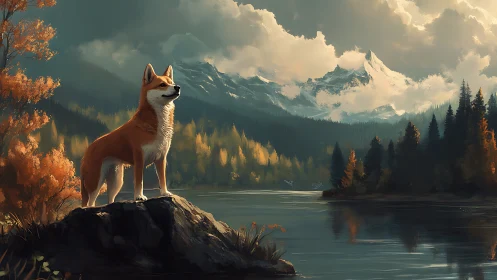 Dog standing on lakeside rock before distant snowy mountains.