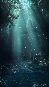 Volumetric sunlight penetrates dense forest canopy onto stream