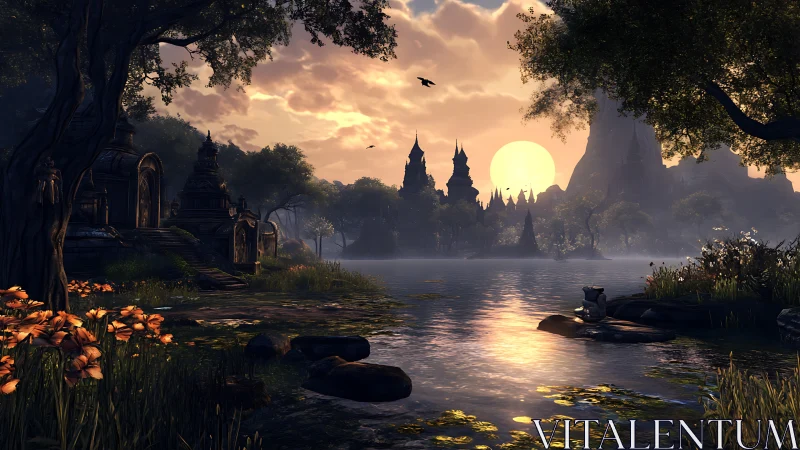 Sunlit river with distant spires and forested riverbanks.