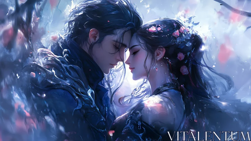 Two figures in luminous embrace with floral elements.