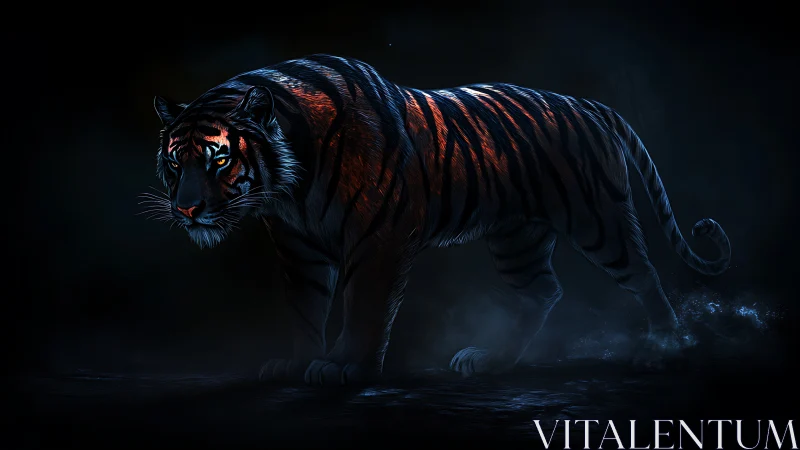 Midnight tiger glows with fiery stripes in moonlit shadows.