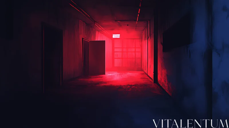 Red-lit abandoned hallway with open door and harsh glow.