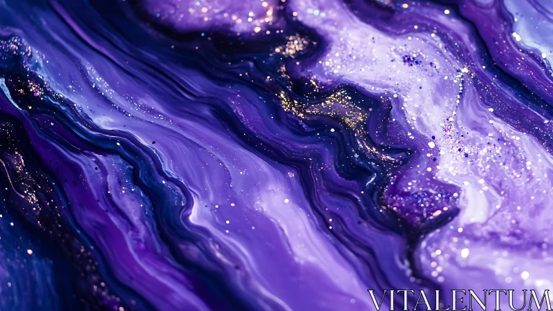 Vibrant purple fluid art with swirling metallic glitter.