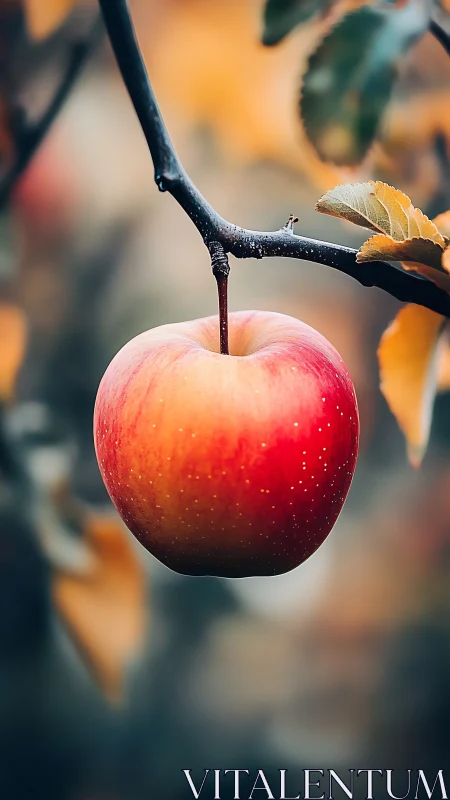 Solitary autumn apple balances like a small glowing planet