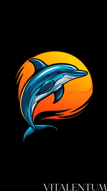Stylized blue dolphin illustration over orange sun disk.
