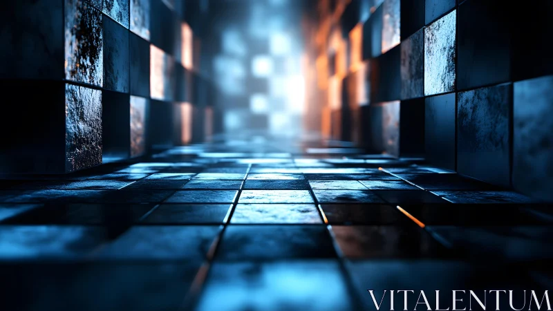 Futuristic metallic corridor with glowing cubes, digital 3D art style.