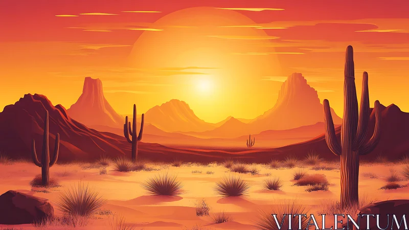 Thermal-gradient desert sunset with stylized saguaro silhouettes.