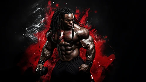 Powerful bodybuilder framed by bold red energy strokes.