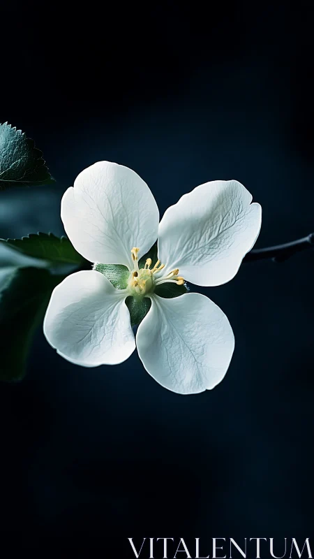 White Apple Blossom with Four Petals Against Dark Blue Background.