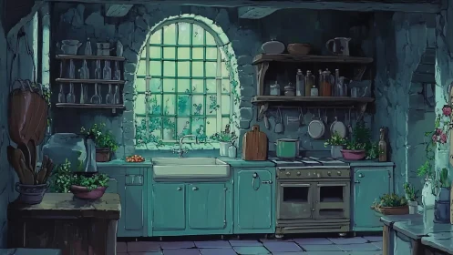 Stone cottage kitchen interior with vintage teal cabinets.