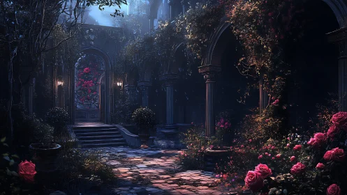 Moonlit courtyard with stone arches and dense rose growth.