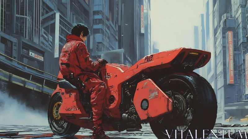 Motorcycle rider sits in dense urban street under tall towers