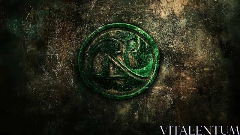 Weathered green emblem glows warmly on a textured wall