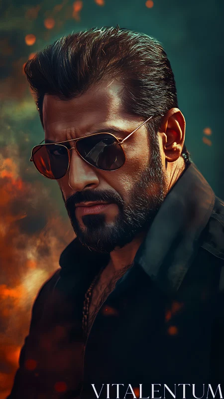 Portrait shows bearded man in sunglasses against smoky background