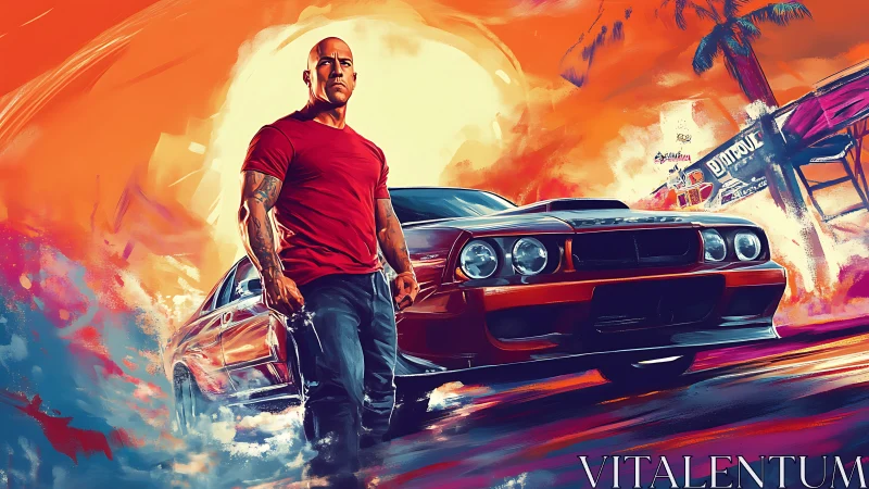 Muscular driver and red muscle car in neon sunset streetscape