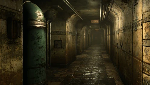 Rusty industrial bunker corridor recedes into shadowed depth