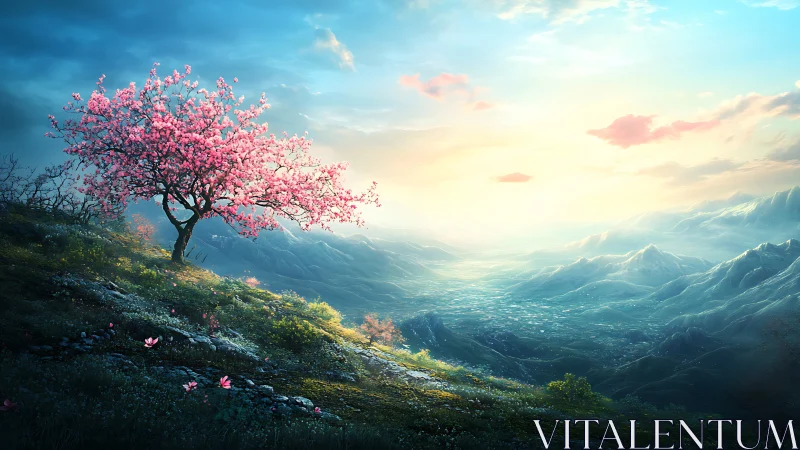 Blooming cherry tree overlooks misty sunlit mountain valley