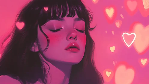 Digital portrait girl in pink bokeh hearts, closed eyes