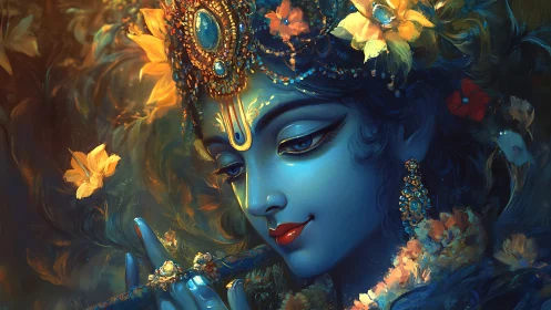 Chromatic deity portrait with jeweled headdress and flute focus.