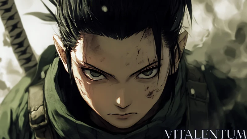 Battle-scarred anime warrior stares forward with fierce resolve