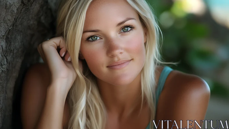 Portrait depicts blonde woman resting by textured tree trunk