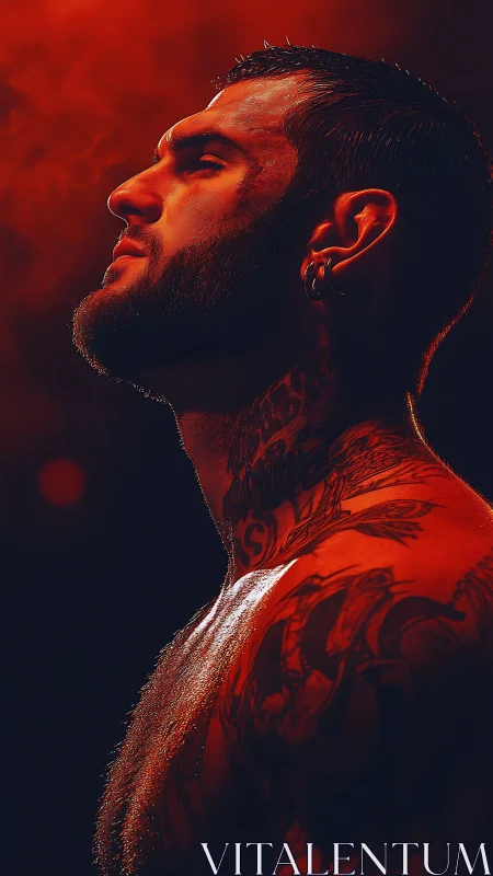 High-contrast portrait isolates tattooed profile in red rim lighting