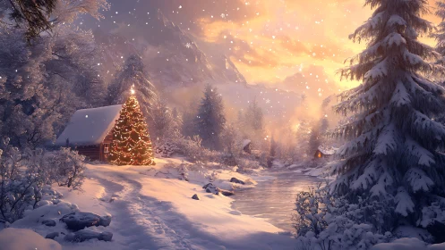 Cozy winter cabin and glowing Christmas tree by soft river light.