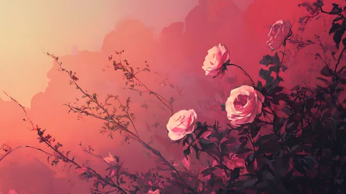 Romantic Garden Reverie: Blooming Roses Against Ethereal Pink Gradient.