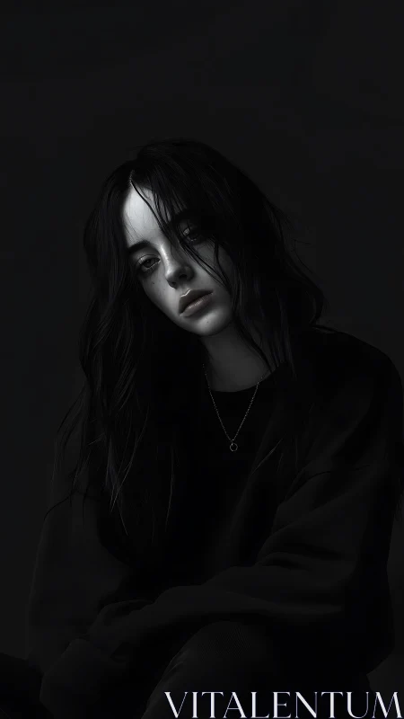 Somber monochrome portrait of a young woman in shadow.