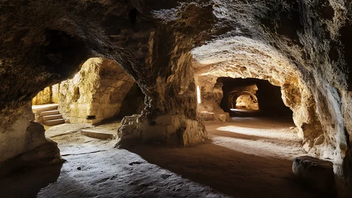 Subterranean sandstone tunnels with eroded arches and diffuse light