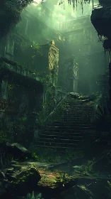 Overgrown stone stairwell in abandoned multi story ruin under fog