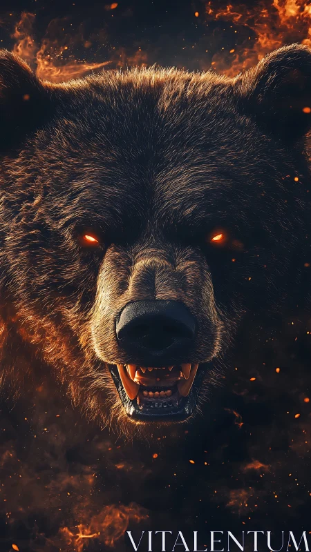 Digital close-up of snarling bear head amid orange sparks.