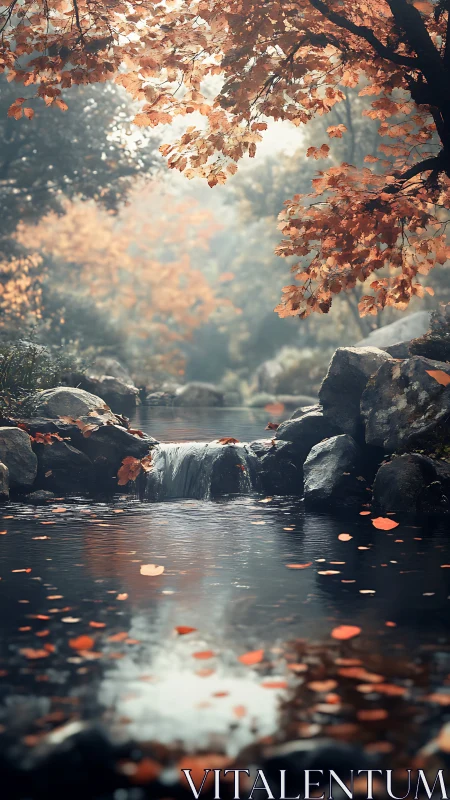 Autumn waterfall pool rests beneath glowing amber canopy.