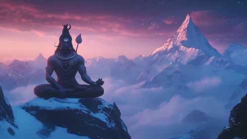 Seated mountain deity statue above snow and distant peaks.