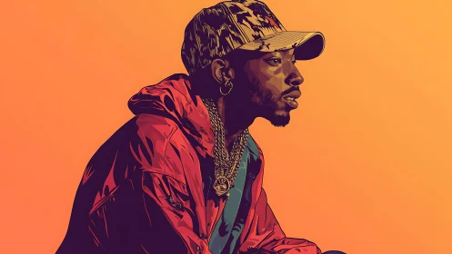Streetwear portrait pops against bold orange gradient backdrop.