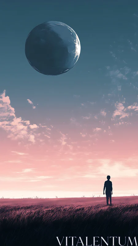 Solitary figure observing suspended sphere over plain.