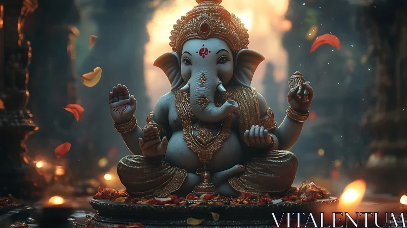 Ganesha idol glows in ornate temple with drifting petals