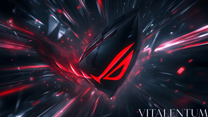 Futuristic gaming shield with glowing red logo in dynamic digital style.