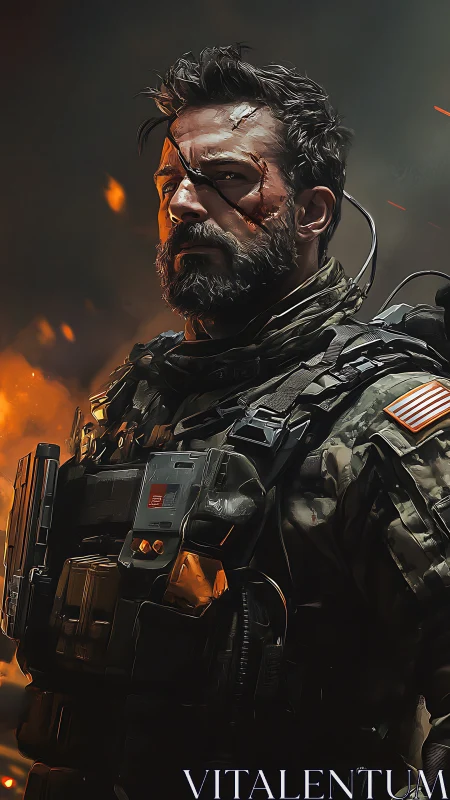 Battle-hardened special forces operator in flaming combat theater.