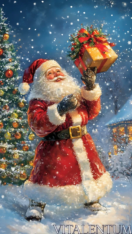 Snowlit Santa with luminous gift under decorated fir tree.
