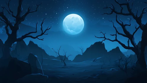 Moonlit blue desert where quiet shadows learn to sing.
