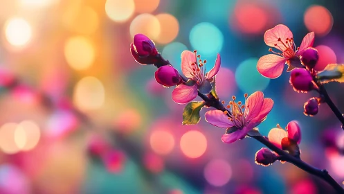 Backlit Cherry Blossoms with Bokeh Depth of Field and Warm Optical Effects