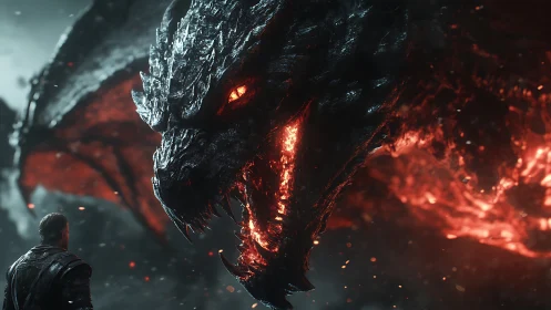 Molten inferno dragon confronting lone armored warrior.