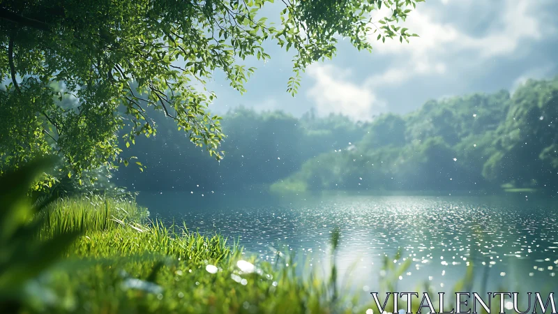 Calm forest lake with sunlight on water surface scene.