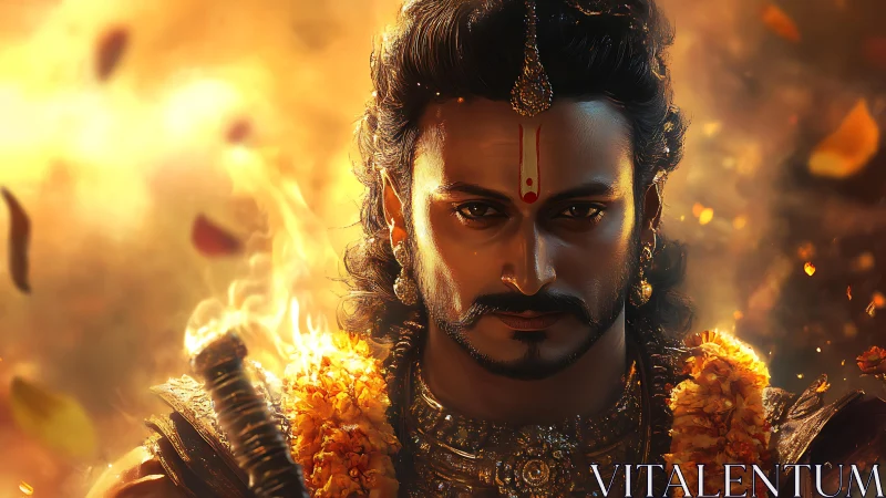 Warrior prince in ornate armor with glowing firelight backdrop.