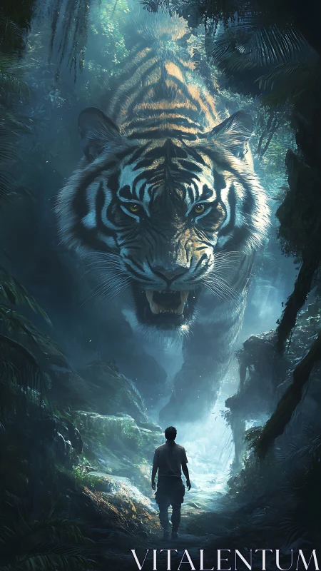 Colossal jungle tiger towers over lone figure on mist path