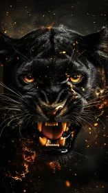 Black Panther Face with Ember Particles and Golden Eyes