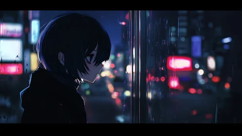 Neon rain cradles a pensive girl in split city light
